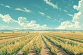Stylized digital illustration of vast wheat fields under a dynamic sky in a rural landscape Royalty Free Stock Photo