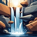 A stylized digital illustration of a waterfall cascading between jagged, angular rocks. Royalty Free Stock Photo