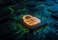 A stylized digital lock glows protectively on an illuminated green motherboard circuit board Royalty Free Stock Photo