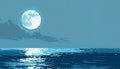 Stylized digital painting of a colossal full moon casting an intense bright silver light path across a vast dark ocean under a Royalty Free Stock Photo