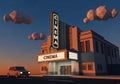A stylized, digital rendering of an Art Deco cinema at sunset Royalty Free Stock Photo