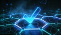 Abstract digital compliance on a blockchain network featuring a stylized check mark and verified glowing blue nodes Royalty Free Stock Photo