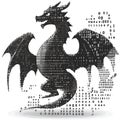 A stylized dragon silhouette is composed of binary code patterns. Its fierce post Royalty Free Stock Photo