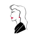 Stylized drawing of elegant fashionable pretty girl. Profile portrait of young stylish woman with red lips, earrings and