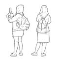 Isolated illustration of tourist girls sightseeing, taking pictures and wearing raincoats