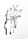 stylized drawing of little girls violinists playing the violin. hand drawn black ink