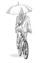 Isolated illustration of man riding bicycle while holding umbrella and wearing winter coat