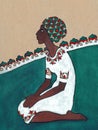 Stylized drawing. Negress sitting on her knees in white dress Royalty Free Stock Photo