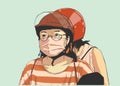 Isolated illustration of girls riding motorbike, motorcycle with face mask, helmet and glasses