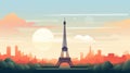 Stylized drawing of Paris Eiffel Tower large view in orange green and black flat colors