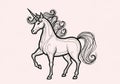 Stylized drawing of a unicorn with intricate black linework on a light pink background. Royalty Free Stock Photo