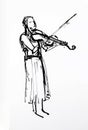 stylized drawing of a violinist playing the violin. hand drawn black ink sketch