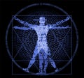 Vitruvian man with binary code, modern variation on the famous symbol. warning.