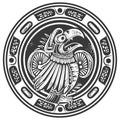 Stylized Eagle in Circular Aztec Design, Black and White Vector Illustration Royalty Free Stock Photo