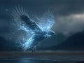 A stylized eagle in flight, glowing blue, against a dark backdrop with rain streaks, suggestive of motion and otherworldliness - Royalty Free Stock Photo