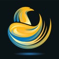 Stylized Eagle or Phoenix icon in golden, blue, yellow and black colors. Circle composition. Flame and fire