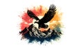 A stylized eagle soars over rugged mountains, wings fully exte Royalty Free Stock Photo