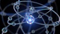 Abstract illustration of an atom with orbiting particles on a dark background. Royalty Free Stock Photo
