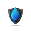 A stylized emblem featuring a glossy blue water droplet placed on a sleek black Royalty Free Stock Photo