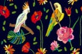 Blooming paradise. Seamless vector pattern with parrots, flowers and palm leaves on black background.