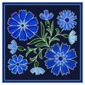 Stylized embroidery cornflower pattern on dark background