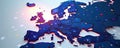 Stylized Europe map, cloud icons, network nodes , server farm, virtual