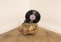 A stylized exhibit consisting of a stone electric instrument and a vinyl record made by a local artist in the famous artists
