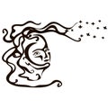 Stylized fashion woman with long hair in flow and sensual face, black illustration isolated on the white background