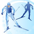 Stylized figure of a skier on a blue background