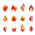 Stylized fire and flame. Set with different abstract red and orange emblems. Modern logotypes and symbols for your design projects