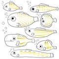 Stylized fishes. Set of abstract sea fish. Cartoon . Collection. Children`s drawings. Line art. Vector. Royalty Free Stock Photo