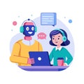 Customer service team concept illustration showing human and robot working together at a desk Royalty Free Stock Photo