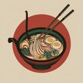 Stylized flat vector illustration of a ramen bowl with noodles, eggs, and chopsticks. Royalty Free Stock Photo