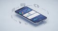 The stylized, floating 3D smartphone displays KPI dashboards and analytics, orbited by commerce icon Royalty Free Stock Photo