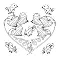 Stylized floral monochrome heart, birds, sketch, design element stock vector illustration for print