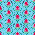 Stylized flowers on a blue background. Seamless pattern. A bold vintage retro print inspired by the 70s.