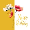 Stylized flowers watercolor illustration with title Happy Birthd