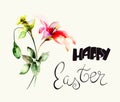 Stylized flowers watercolor illustration with title Happy Easte