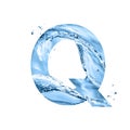 Stylized font, text made of water splashes, capital letter q, isolated on white background