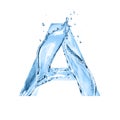 Stylized font, text made of water splashes, capital letter a, is