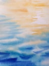 Stylized foreground water surface with waves and sun shine blinking and reflections. Hand drawn watercolors on paper textures