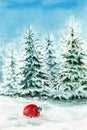 Stylized forest landscape with firs and christmass red ball toy on the snow. Hand drawn watercolors on paper textures