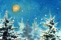 Stylized forest landscape with moon and snowflakes in night scene. Hand drawn watercolors on paper textures