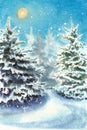 Stylized forest landscape with sun and snowflakes in winter scene. Hand drawn watercolors on paper textures