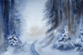 Stylized forest vertical panoramic format landscape with fir and road in dark blue color. Hand drawn watercolors on paper textures