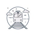 Stylized front view train icon on railway tracks surrounded by clouds and plus signs in a circular frame Royalty Free Stock Photo