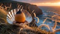 Gourmet Caramel Fig Dessert on Seashell at Sunset Coast Royalty Free Stock Photo