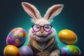 Stylized funny Easter bunny with large colorful Easter Eggs. Pink fluffy Rabbit in a jacket and glasses on green