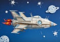 A stylized, futuristic spaceship with a retro design flies against a backdrop of stars Royalty Free Stock Photo