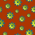 Stylized geometric flowers in blue, yellow colors with a shadow on a red background. Seamless pattern Royalty Free Stock Photo
